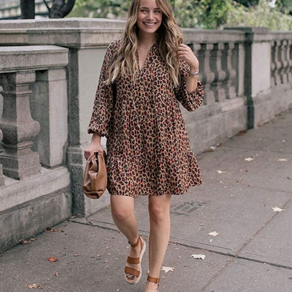Graceatwood The Drop Beige Animal Printed Tiered Mini Dress